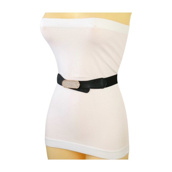 New Fun Women Black Stretch Waistband Fashion Belt Gold Oval Bling Buckle S M - Picture 12 of 17